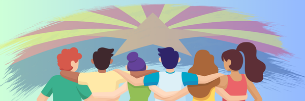 stylized group of people, arms wrapped around each other, shown from behind in front of an arching arizona state flag in the background, which is blue