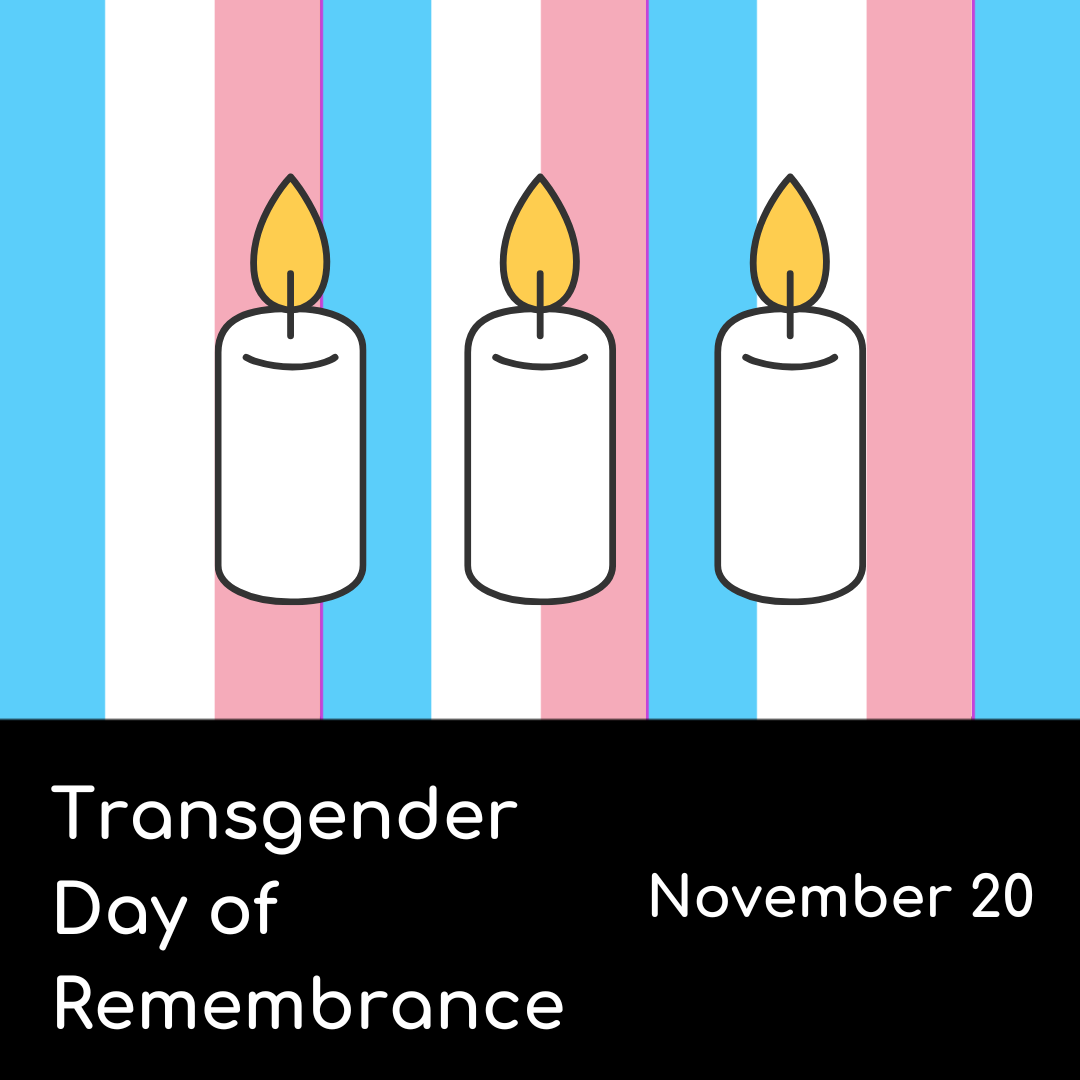 three white candles burn on a background of pink, blue and white stripes above the caption 