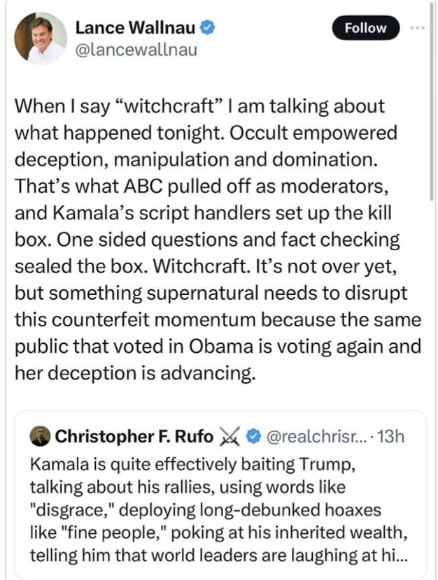 social media post by lance wallnau accusing VP Kamala Harris of witchcraft