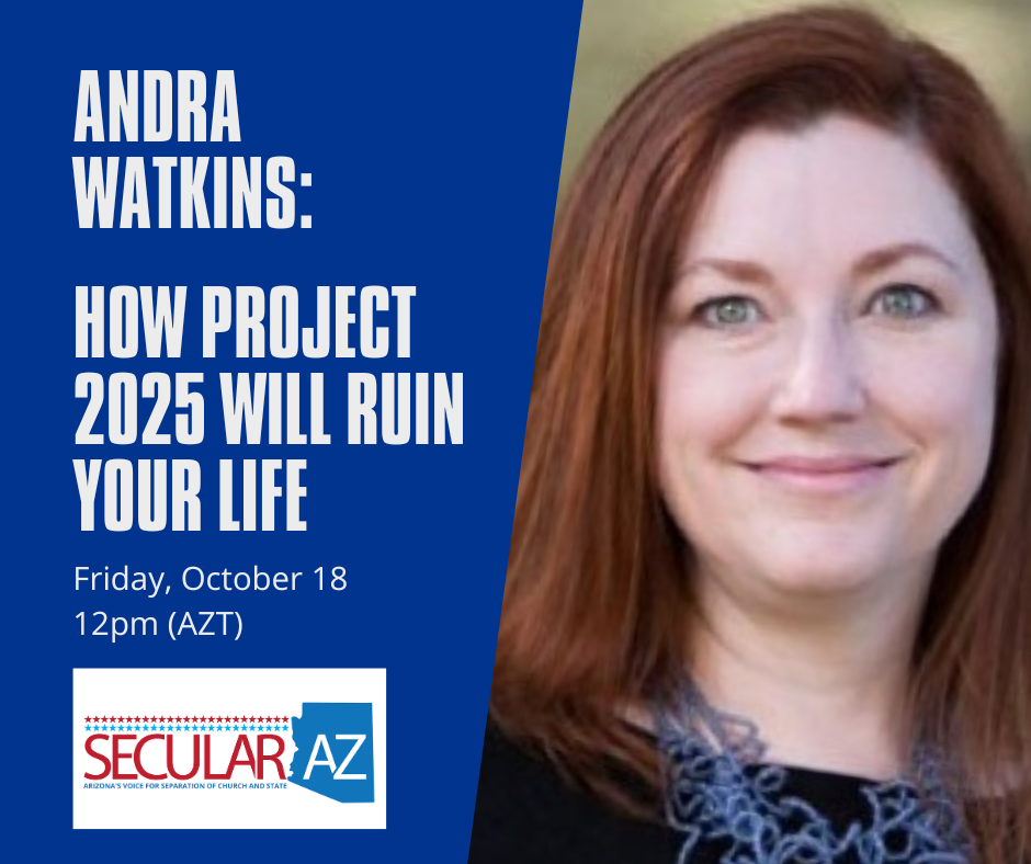 Andra Watkins on blue background next to Secular AZ logo and details about her talk on 10/18 at noon