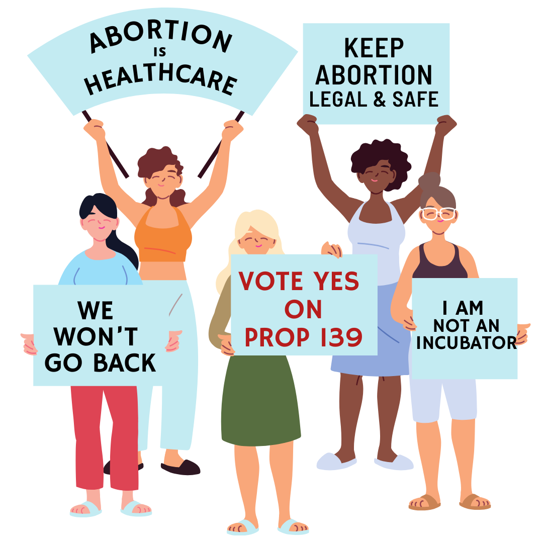 protestors hold up signs in support of abortion rights and reproductive justice