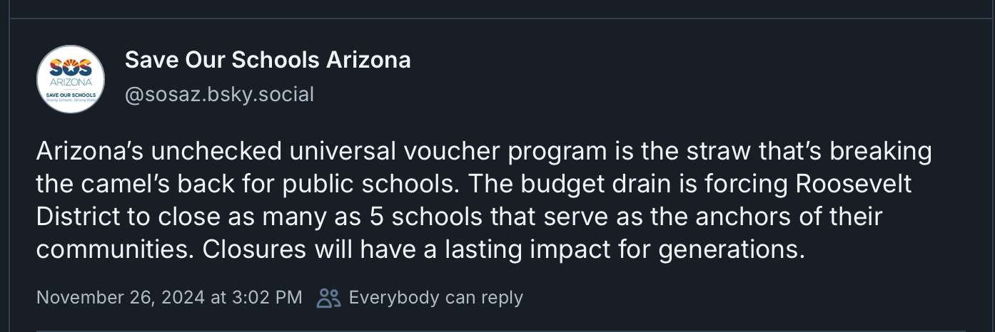 social media post from SOSAZ describing results of school closures in the Roosevelt district