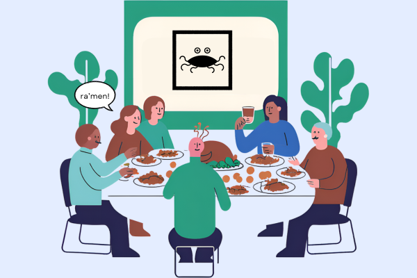 a diverse group of people sit around a thanksgiving table. one raises their glass and says ramen! there is a picture of FSM on the wall.