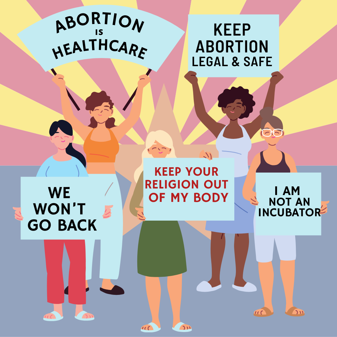 protestors hold signs expressing support for abortion rights in front of az flag