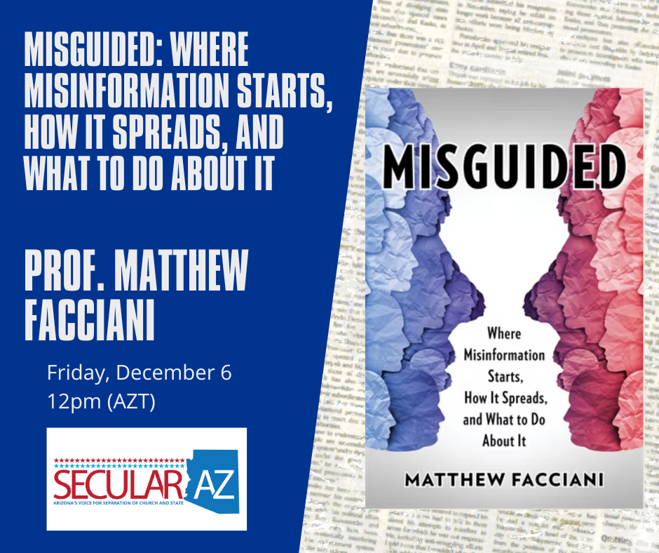 Facciani's book Misguided cover next to details about his presentation for secular az on 12/6