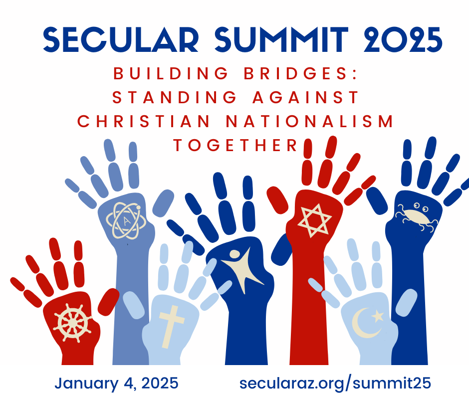 hands in shades of red, blue and white, each with a different religious or non-religious symbol, reach toward Secular Summit 2025